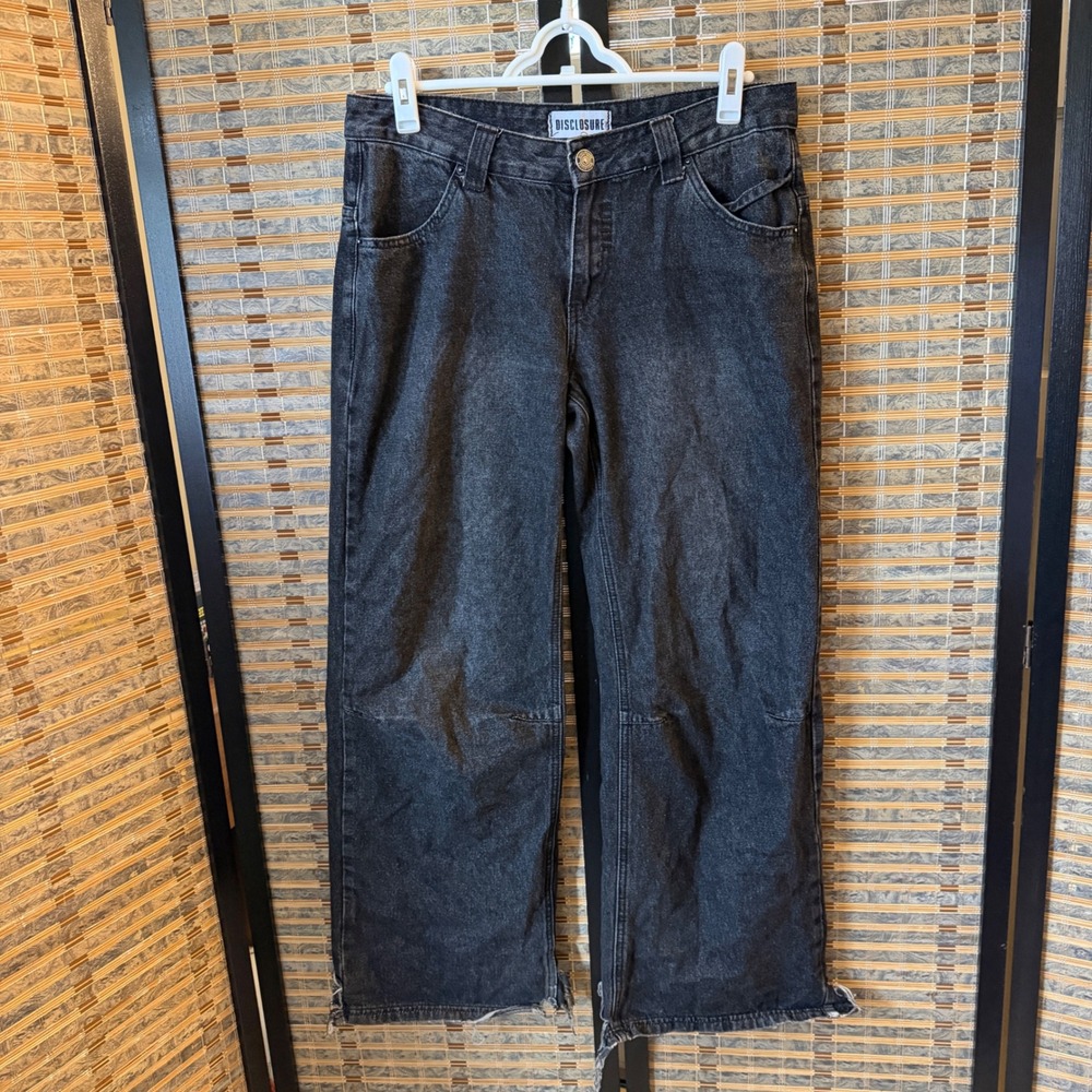 Disclosure Wide Leg Jeans Womens 9/29 Black Angel Wing Graphic Streetwear Edgy